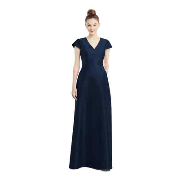 Alfred Sung D779 V-Neck Satin CAP Sleeve Pockets Midnight Dress Gown Size 2 - Picture 1 of 7